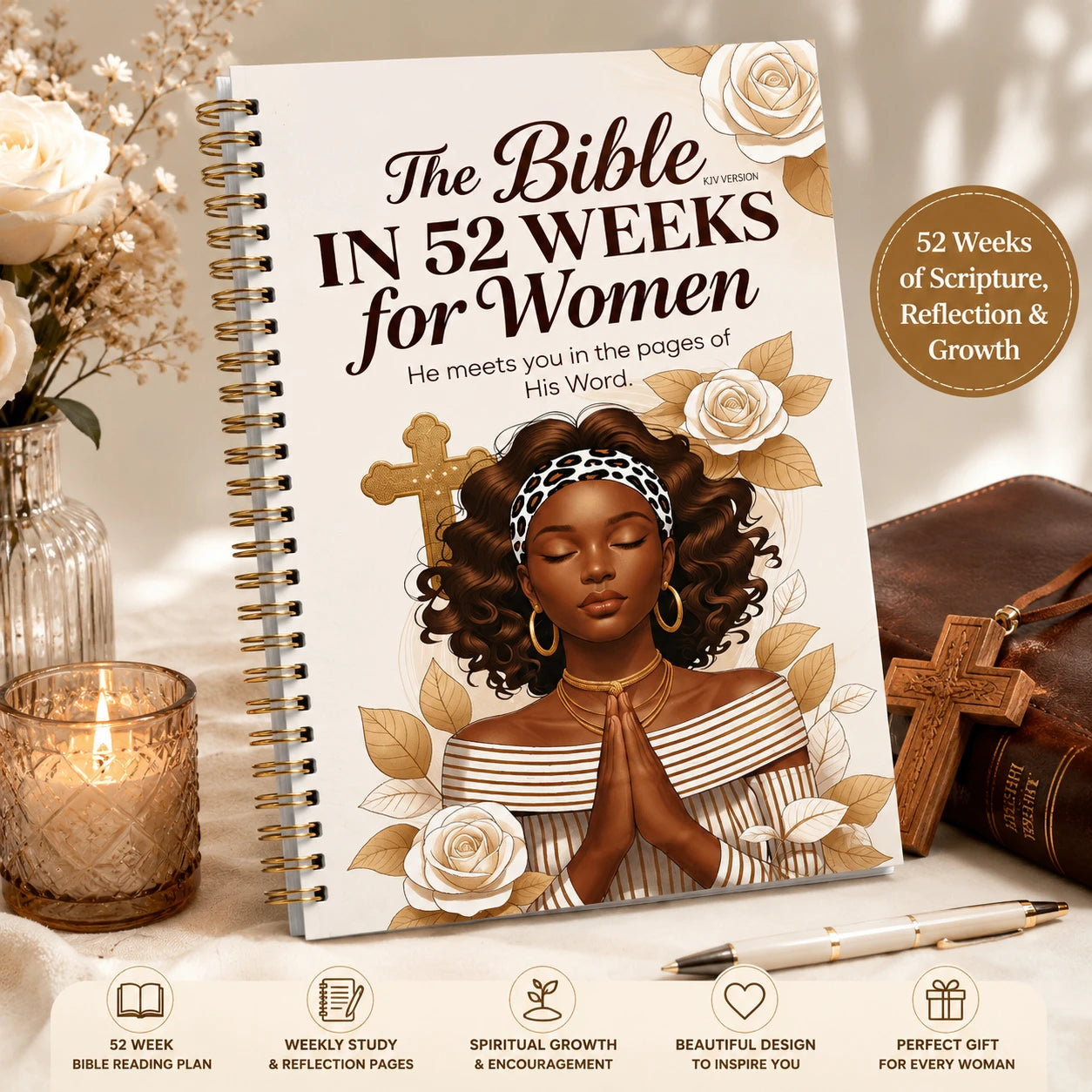 Floral Bible Study Planner Notebook | 52 Week Christian Devotional Journal Spiral Bound Organizer for Women