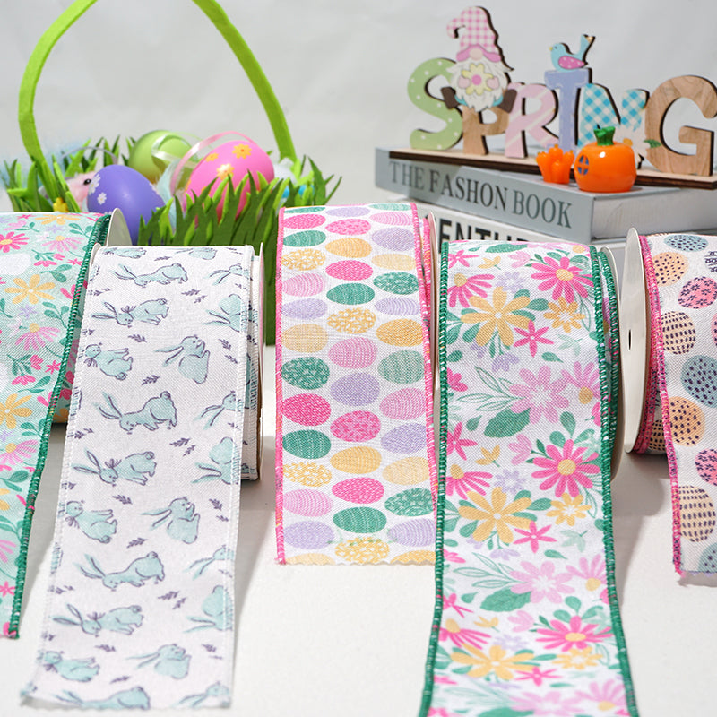Easter Wired Edge Ribbon 63mm - 5 Yards for DIY Crafts