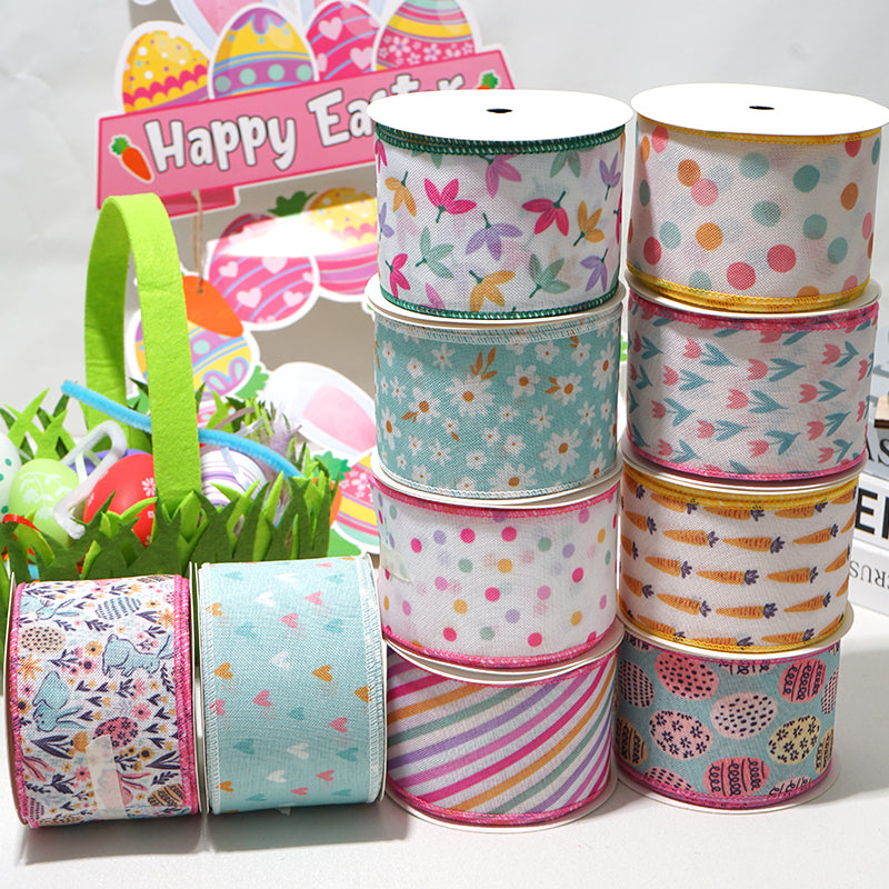 Easter Wired Edge Ribbon 63mm - 5 Yards for DIY Crafts