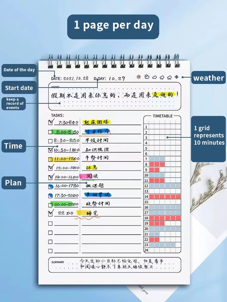 A5 Daily Planner Notebook - 160 Pages for Office & School