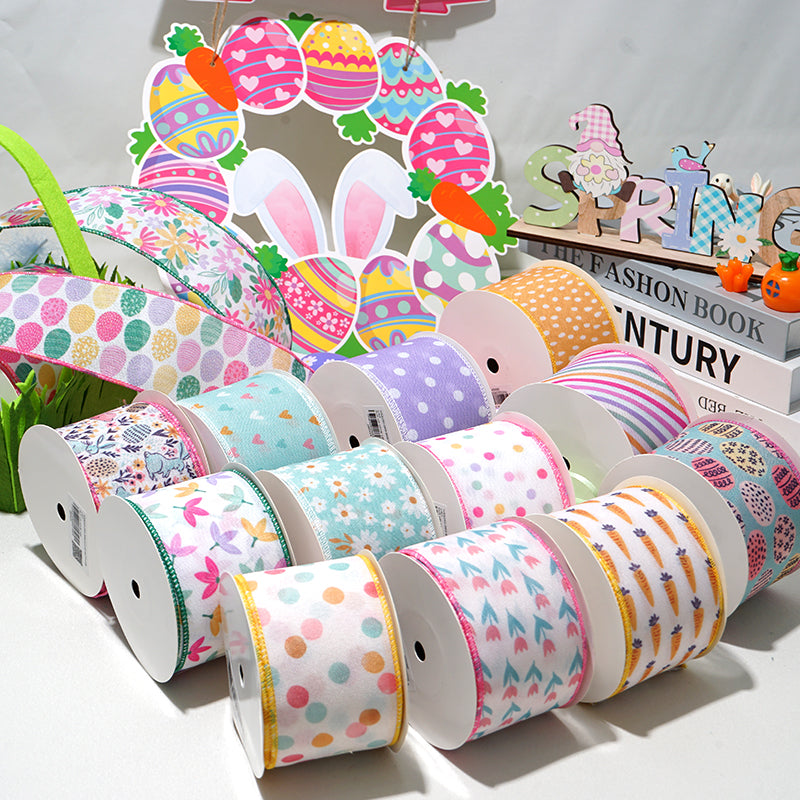 Easter Wired Edge Ribbon 63mm - 5 Yards for DIY Crafts